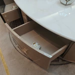 Two-Tone Oval Coffee Table with White Marble Top, High-Gloss Panels and Metal Base